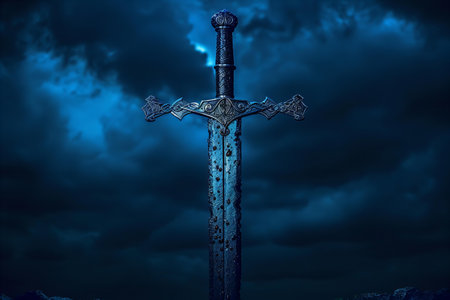 Cross of medieval sword in the dark stormy sky. 3d renderingの写真素材