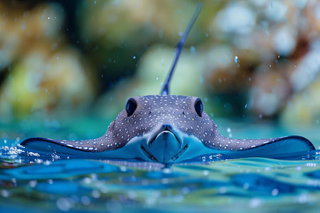 Close up of a stingray swimming in the water with blurred backgroundの写真素材