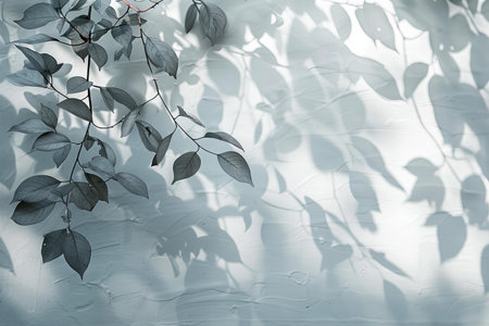 Branch of eucalyptus with shadow on white wallの写真素材