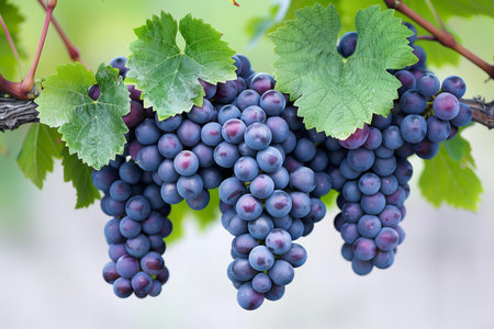Bunches of red wine grapes with green leaves in vineyardの写真素材