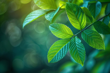 Green leaves on blurred background with bokeh. Nature background.