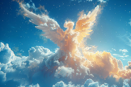 angel wings in the blue sky. 3d rendering and illustration.