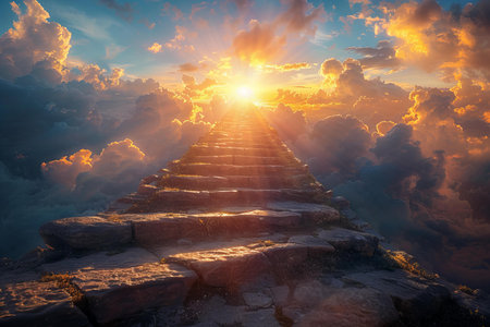 Stairway to heaven at sunset. Conceptual image. 3D rendering