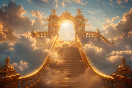 Staircase leading to heaven with golden gate. 3D renderingの写真素材