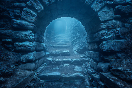 Fantasy dark tunnel with light and fog. 3D Renderingの写真素材