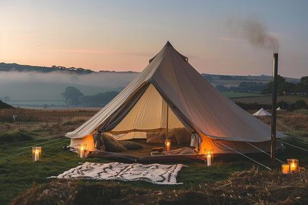 Camping tent with burning candles on a meadow in the countrysideの写真素材