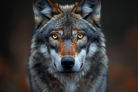 Portrait of a gray wolf on a dark background. Close-upの写真素材