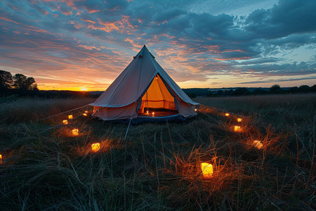 Camping tent with burning candles on the meadow at sunset.の写真素材