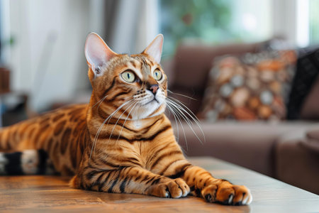Beautiful Bengal cat lying on the floor in the living room.