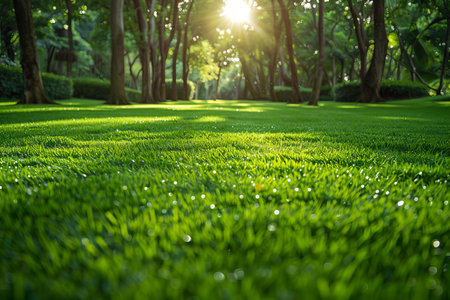 Green grass in the public park with sun light and bokehの写真素材