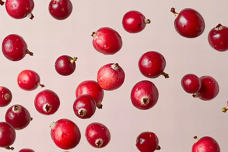 Falling red cranberries on a white background, close-up