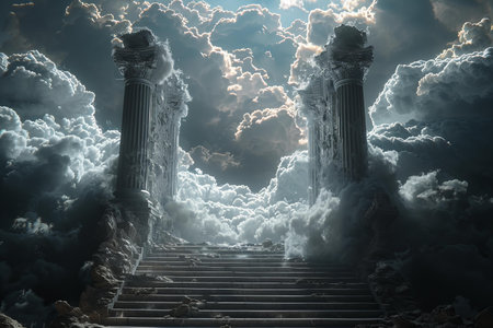 Ruins of ancient city with columns and stairs. 3d renderingの写真素材