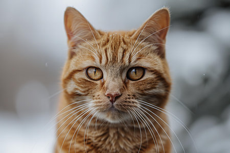 Portrait of a ginger cat on a background of a snowy forestの写真素材