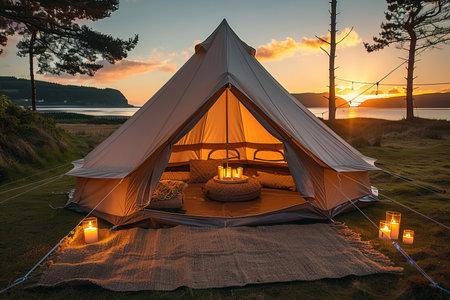 Camping tent with burning candles on the beach at sunset. Camping concept.
