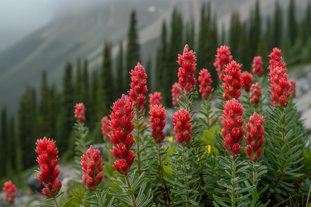 Red flowers of Indian Paintbrush (Indian Paintbrush) in the mountainsの写真素材
