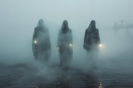 Ghosts in the fog on the background of the bridge. 3d renderingの写真素材