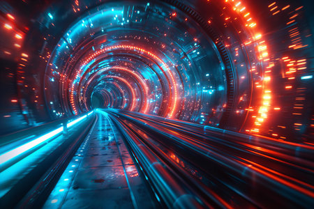 Futuristic tunnel with blue and red lights. 3d renderingの写真素材