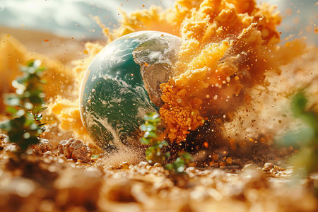 Earth planet in sand. Global warming concept. 3D Renderingの写真素材
