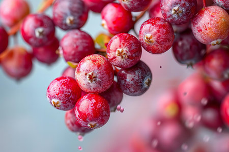 Frozen cranberries with drops of water on a blurred background.
