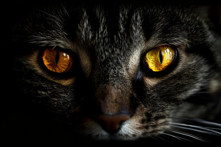 Close up portrait of a cat with yellow eyes on a black backgroundの写真素材