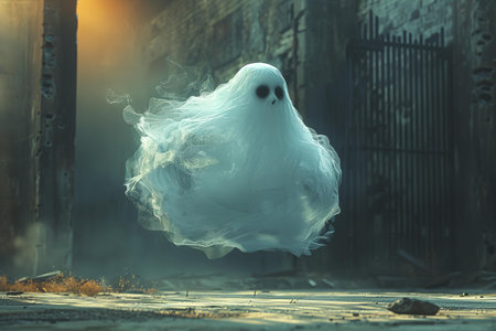 ghost in smoke on the background of an abandoned building. Halloween conceptの写真素材