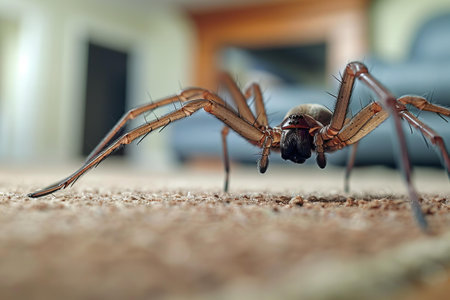 Spider on the carpet in the living room, closeup of photo