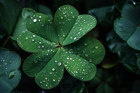 Green clover leaf with water drops, closeup. Nature background