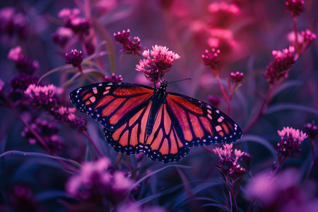 Monarch butterfly on a pink flower in the garden at sunset.