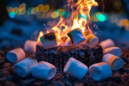 White marshmallows burning in a campfire on a dark background