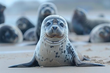 seal and sea lion on the beach in Helgoland Germanyの写真素材