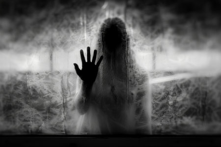 Scary ghost behind the window at night. Horror Halloween concept.