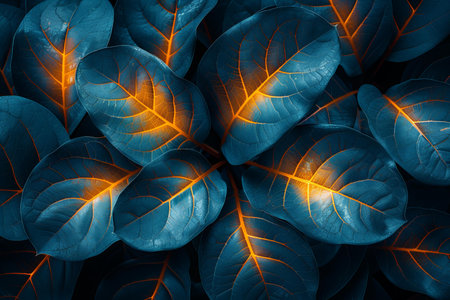 Leaves with orange and blue light. Abstract background and texture for design.の写真素材