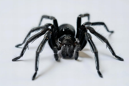 Jumping spider isolated on white background. Close up of black spider.の写真素材
