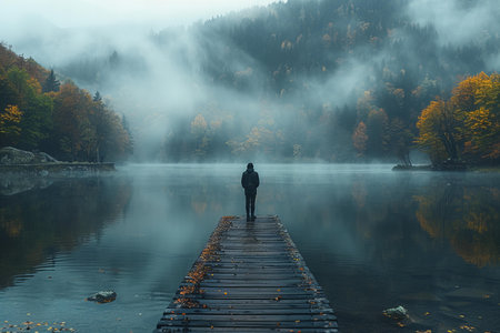 Man standing on a wooden pier on the lake in foggy autumn morning