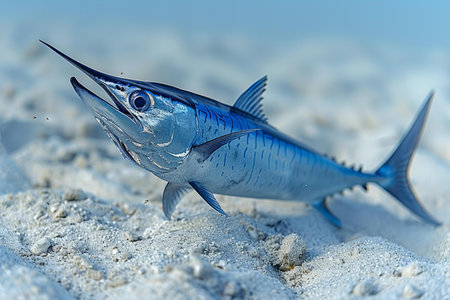 Blue marlin fish on a sandy beach. 3D illustration.の写真素材