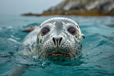 Cute baby seal looking at camera while swimming in ocean water.の写真素材