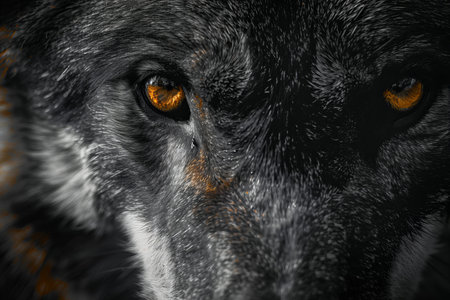 Portrait of a black dog with yellow eyes. Close-up.の写真素材