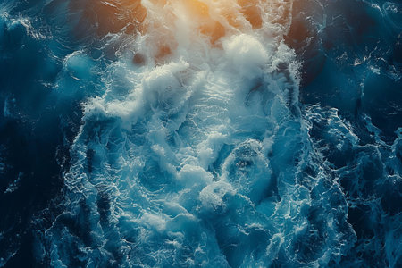 Blue sea water with foam and splashes. Natural background. Toned.の写真素材
