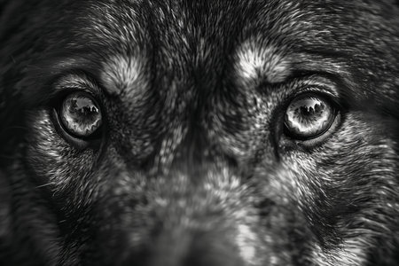 black and white portrait of a dog looking into the camera, close-upの写真素材
