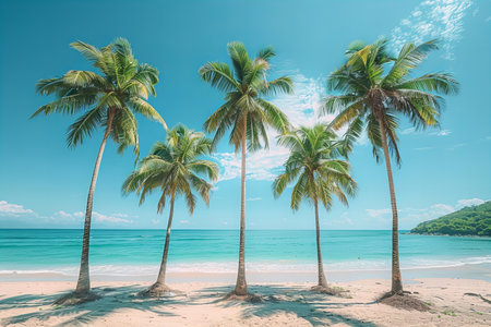 Coconut palm trees on the beach with blue sky background.