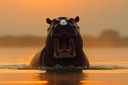 Hippopotamus (Hippopotamus amphibius) in the waterの写真素材