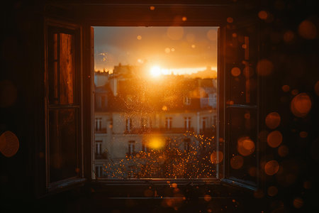 Sunset view through the window in Prague, Czech Republic. Bokeh effect.