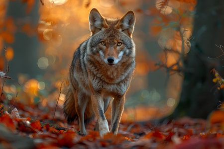A Coyote in the forest in autumn. Wildlife scene from nature.の写真素材