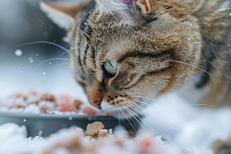 Cute cat eating from a bowl of dry food, winter backgroundの写真素材