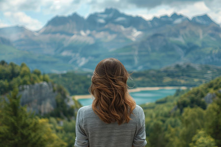 Young woman with long brown hair looking at the beautiful landscape of mountains and lakeの写真素材