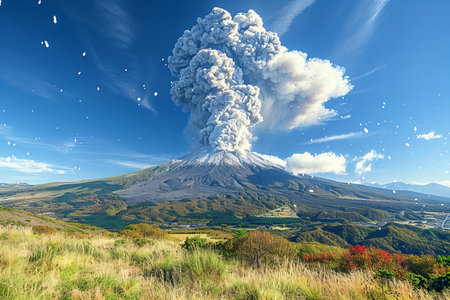 Volcano eruption on background of green field and blue sky with clouds