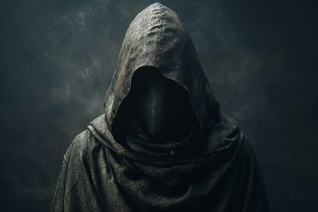 Hooded man in the dark with smoke on a dark background
