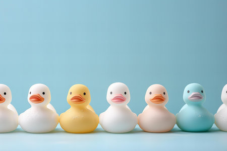 Colorful rubber ducks on blue background, copy space for your textの写真素材