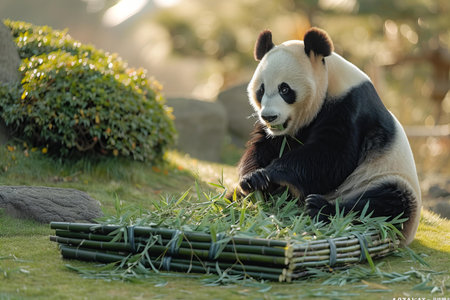 Giant panda eating bamboo in the park. Animal in the nature.の写真素材