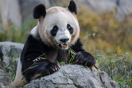 Giant panda eating bamboo leaves in Beijing Zoo, China.の写真素材